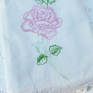 Vintage Cotton Embroidered Floral Pink Rose Standard Pillowcase Crochet Trim